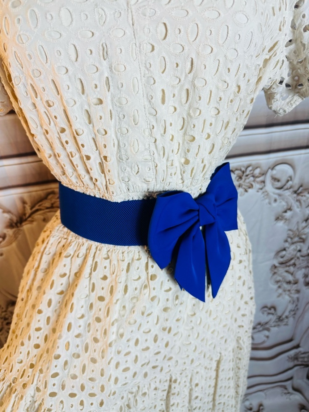 White Eyelet Maxi Dress with Royal Blue Bow Belt - Picture 8 of 14
